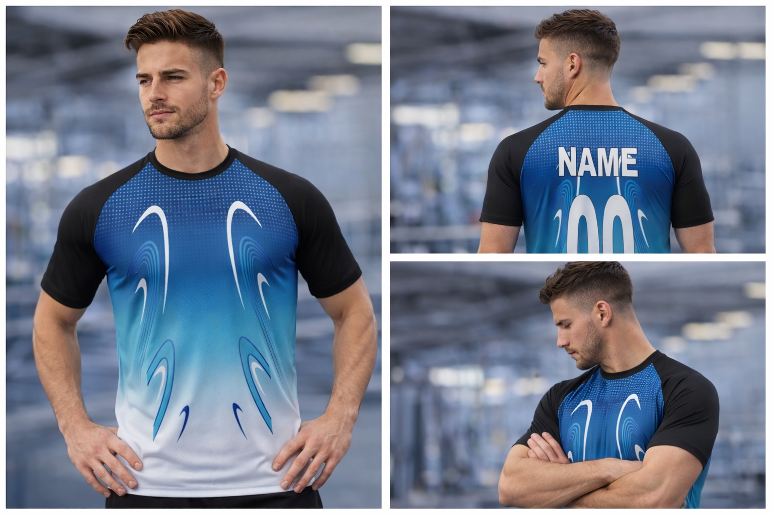 Blue & Black Gradient Sports T-Shirt – Premium Breathable Athletic Jersey